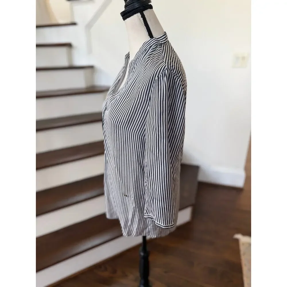 Massimo Dutti Mulberry Silk Navy Blue & White Stripe Button Down Minimalist